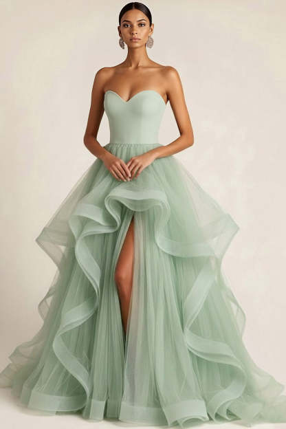 Light Green Sweetheart Tulle A Line Maxi Prom Dress with Ruffles