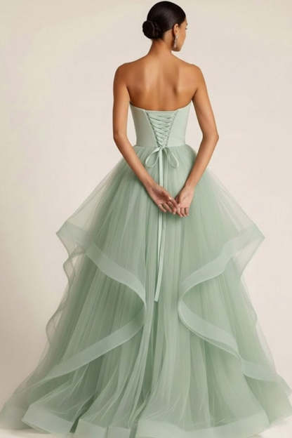 Light Green Sweetheart Tulle A Line Maxi Prom Dress with Ruffles