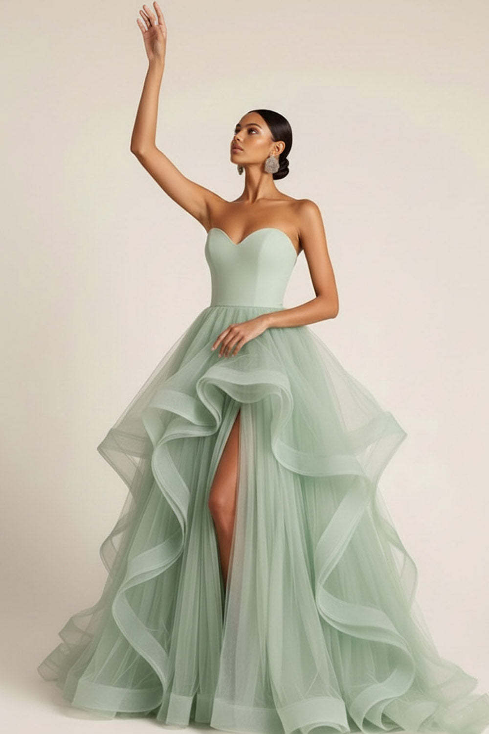 Light Green Sweetheart Tulle A Line Maxi Prom Dress with Ruffles