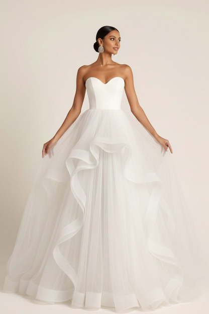 Leely Women Princess Light Green Tulle A Line Maxi Prom Dress with Ruffles Sweetheart Pageant Dress with Slit