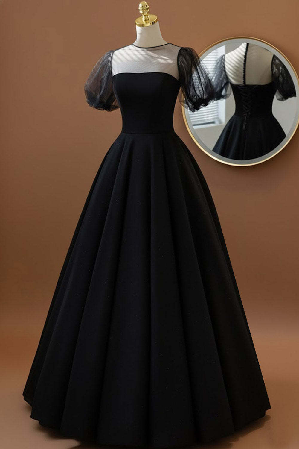 Leely Women Black Tulle Long Formal Dress Puff Sleeves Princess Crew Neck Evening Dress