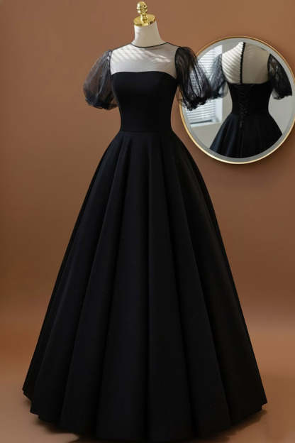 Leely Women Black Tulle Long Formal Dress Puff Sleeves Princess Crew Neck Evening Dress
