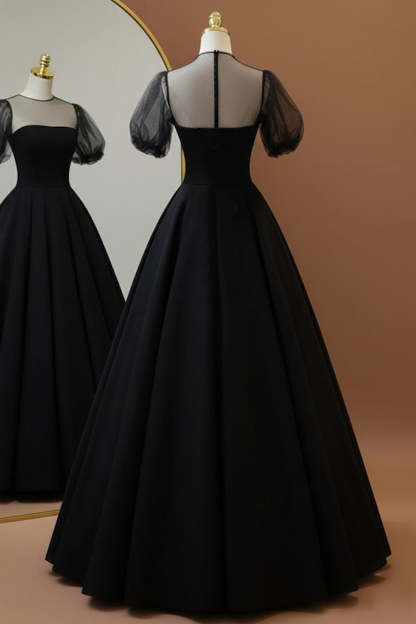 Black Tulle Princess Crew Neck Long Formal Dress with Sleeves