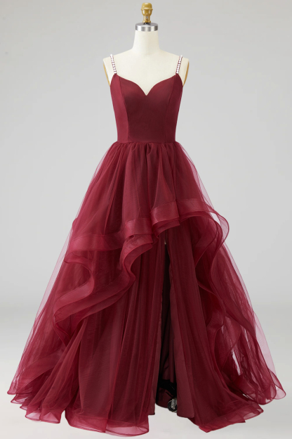 Burgundy Tulle Ruffled Ball Gown Long Prom Dress with Pearls