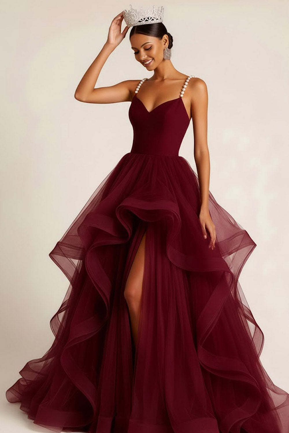 Burgundy Tulle Ruffled Ball Gown Long Prom Dress with Pearls