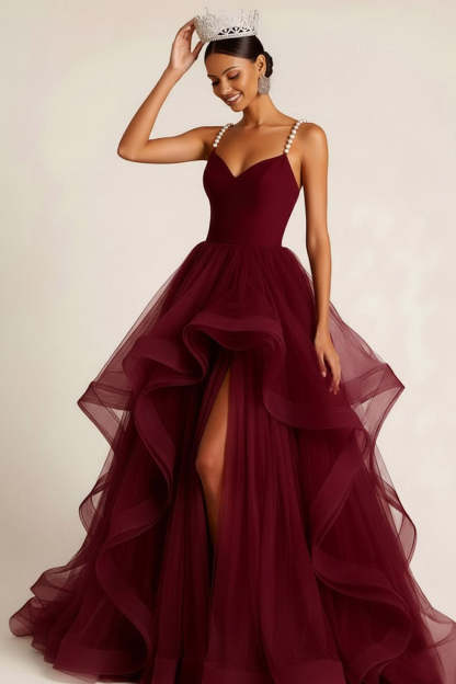 Burgundy Tulle Ruffled Ball Gown Long Prom Dress with Pearls