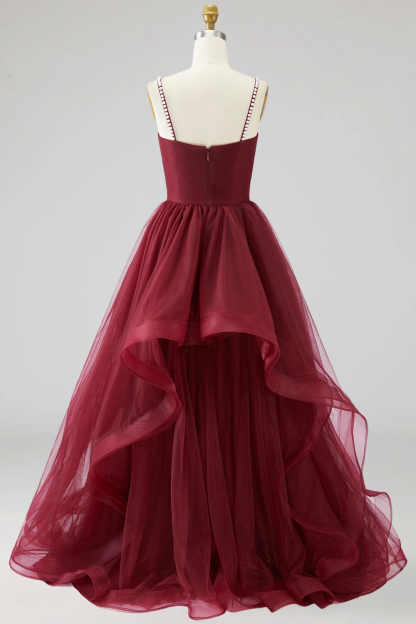 Burgundy Tulle Ruffled Ball Gown Long Prom Dress with Pearls