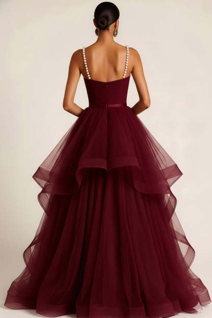 Burgundy Tulle Ruffled Ball Gown Long Prom Dress with Pearls