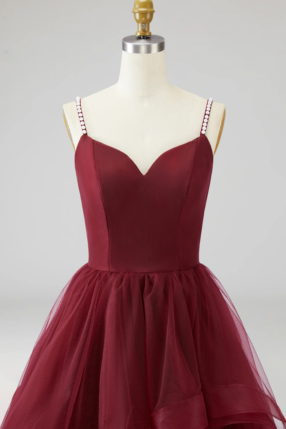 Burgundy Tulle Ruffled Ball Gown Long Prom Dress with Pearls