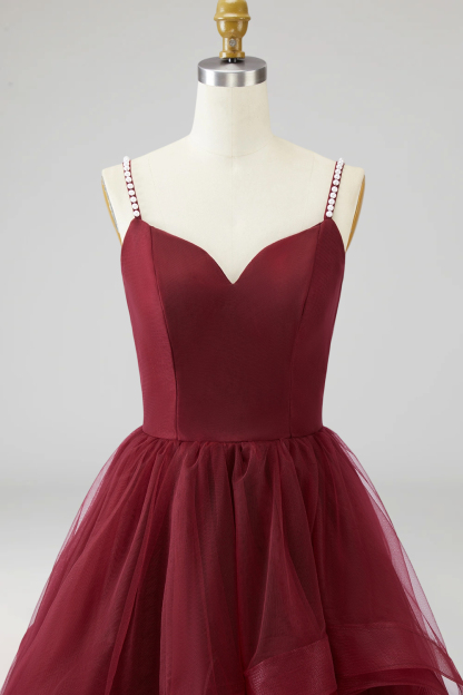Burgundy Tulle Ruffled Ball Gown Long Prom Dress with Pearls