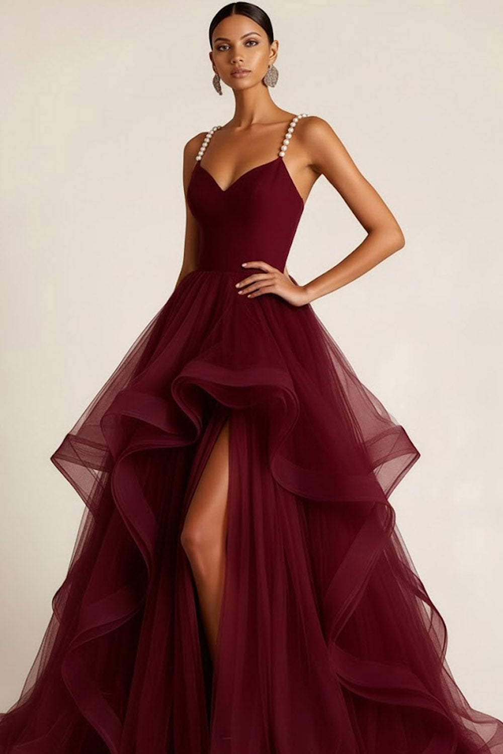 Burgundy Tulle Ruffled Ball Gown Long Prom Dress with Pearls