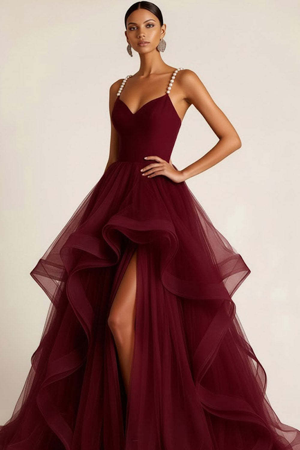 Burgundy Tulle Ruffled Ball Gown Long Prom Dress with Pearls