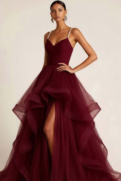 Burgundy Tulle Ruffled Ball Gown Long Prom Dress with Pearls