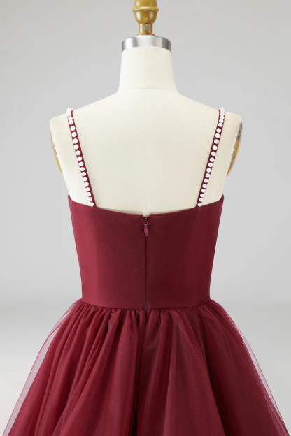 Burgundy Tulle Ruffled Ball Gown Long Prom Dress with Pearls