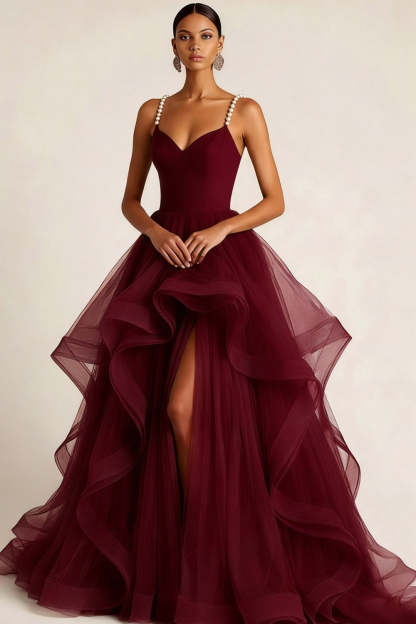 Leely Women Sparkly Burgundy Tulle Ruffled Long Prom Dress with Pearls Ball Gown Spaghetti Straps A Line Backless Pageant Dress with Slit