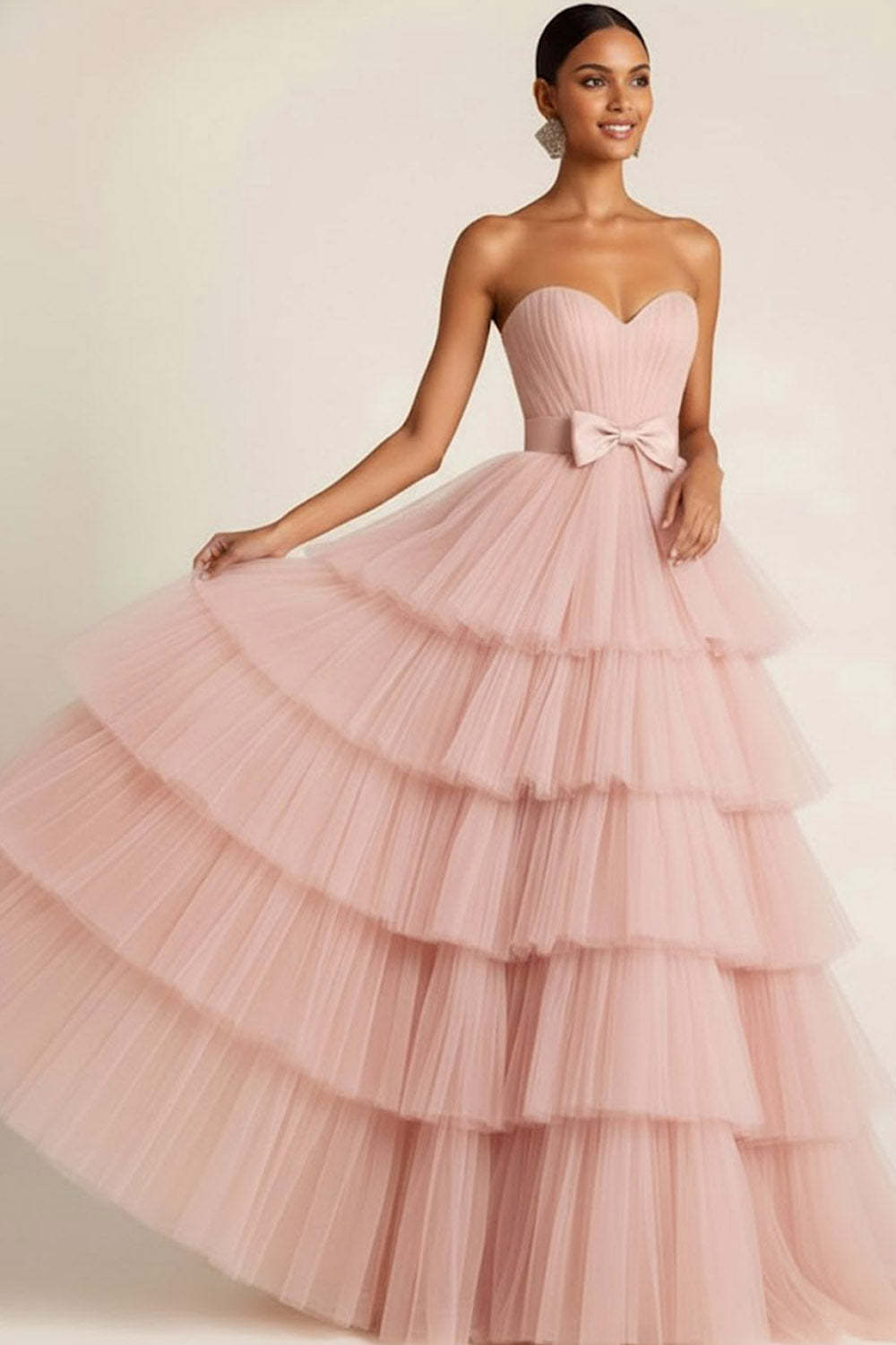 Light Pink Tiered Tulle Ruffled Sweetheart Princess Long Prom Dress