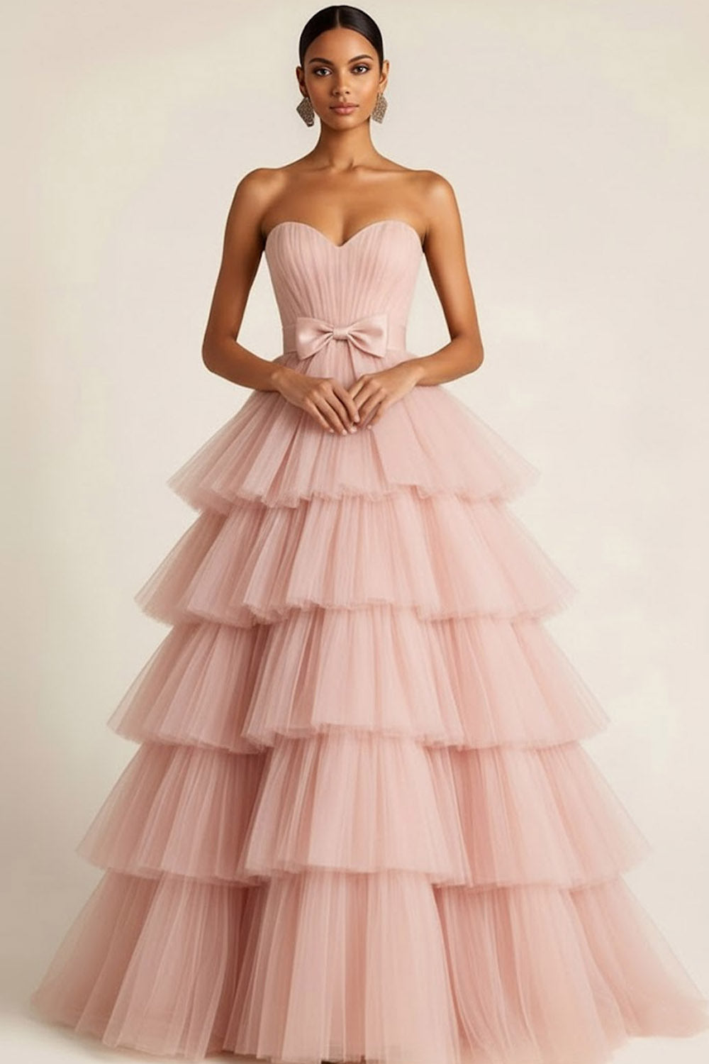 Leely Women Light Pink Tiered Tulle Princess Long Prom Dress Ruffled Ball Gown Sweetheart Strapless Pageant Dress with Bow