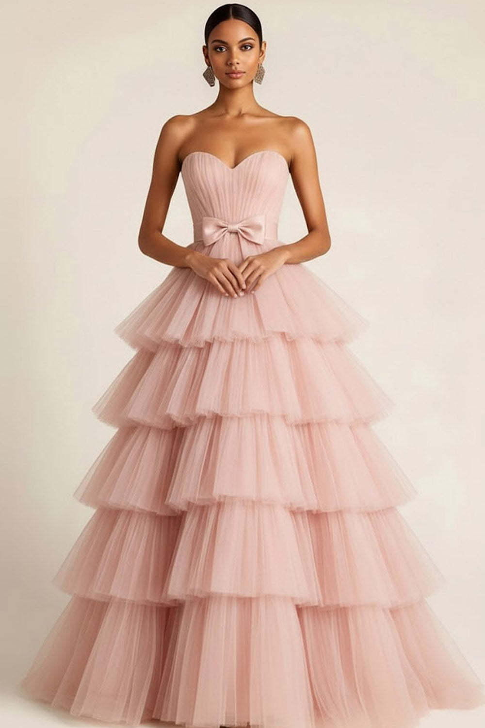 Leely Women Light Pink Tiered Tulle Princess Long Prom Dress Ruffled Ball Gown Sweetheart Strapless Pageant Dress with Bow