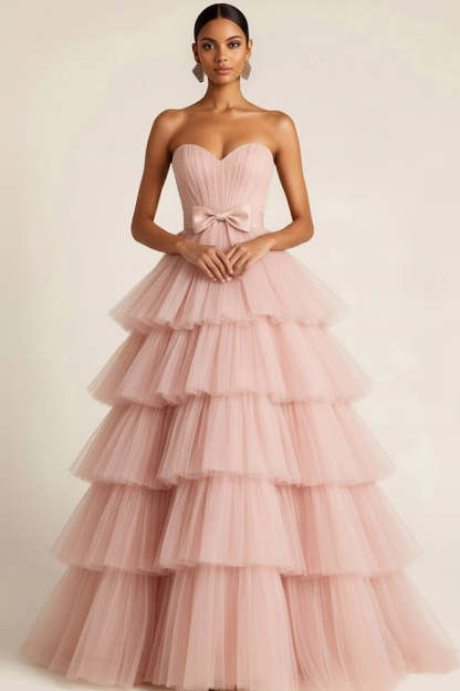 princess hot pink tiered tulle prom dress Hot Pink Ball Gown Tiered Tulle Long Prom Dress Pink / 14