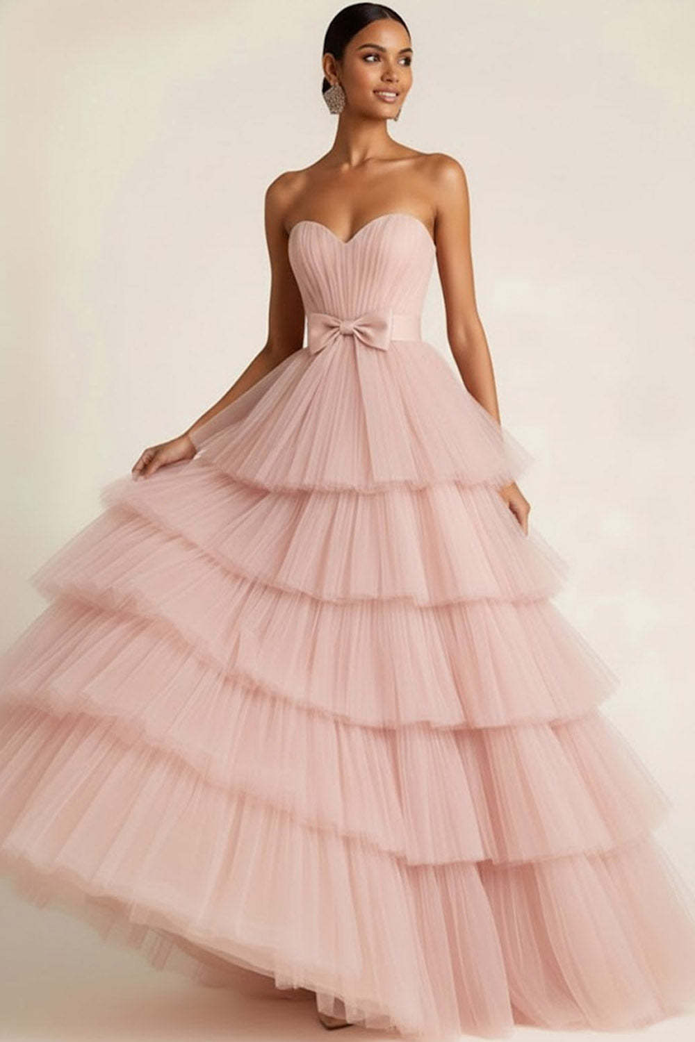 Light Pink Tiered Tulle Ruffled Sweetheart Princess Long Prom Dress