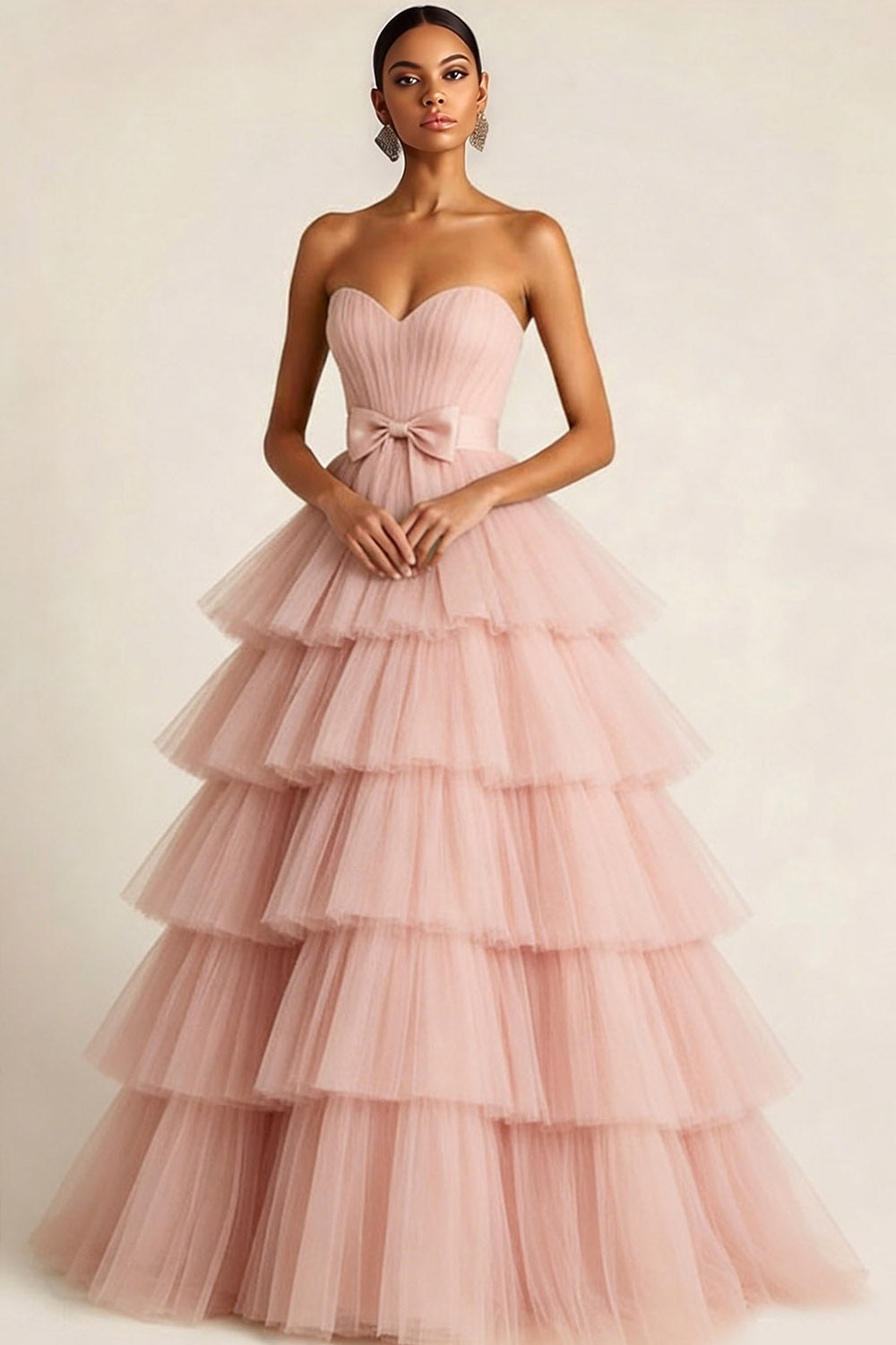 Leely Women Light Pink Tiered Tulle Princess Long Prom Dress Ruffled Ball Gown Sweetheart Strapless Pageant Dress with Bow Leely Women Light Pink Tiered Tulle Princess Long Prom Dress Ruffled Ball Gown Sweetheart Strapless Pageant Dress with Bow