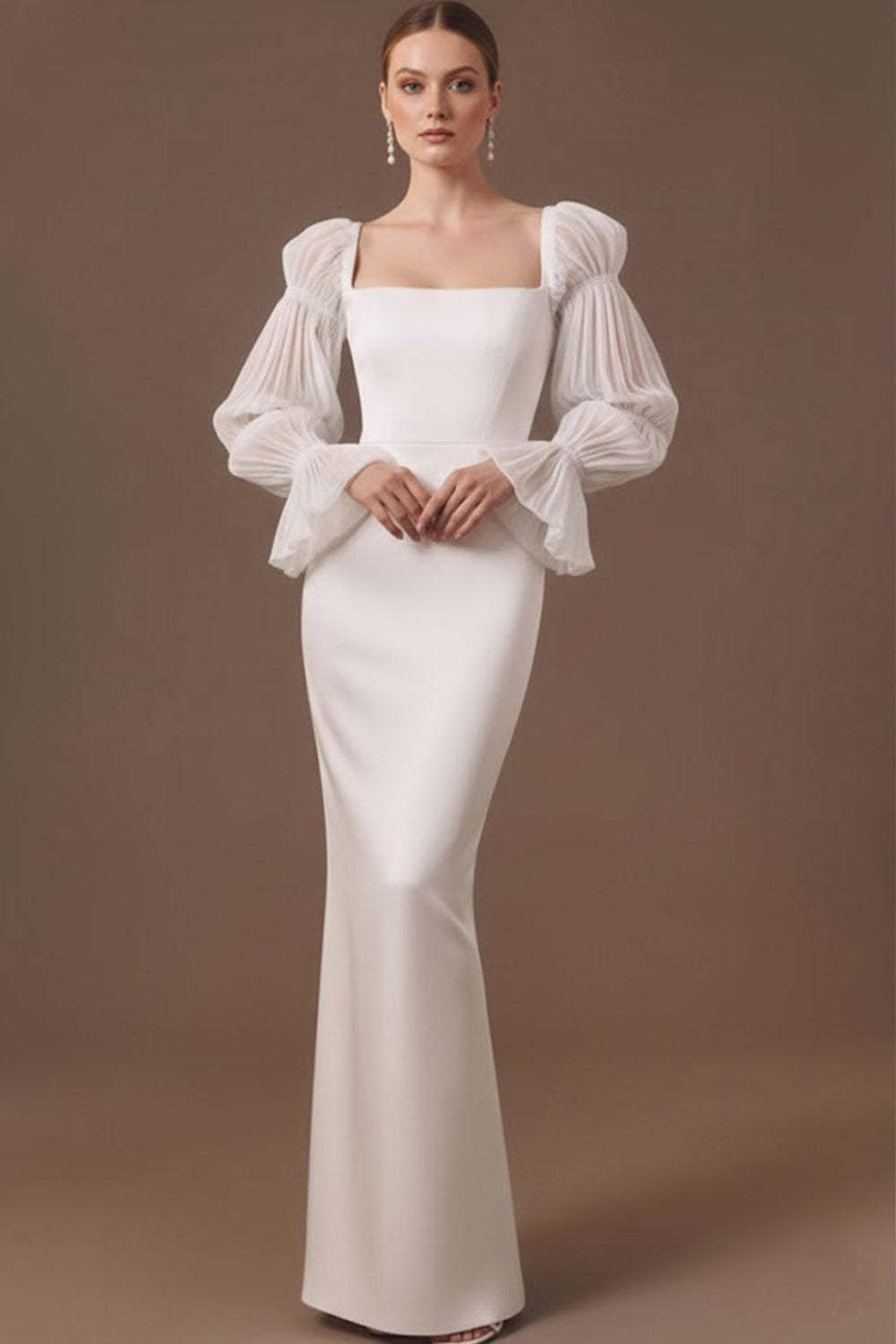 Leely Women White Satin Long Formal Dress with Sleeves Square Neck Mermaid Evening Dress