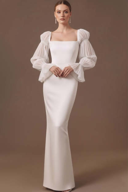 Leely Women White Satin Long Formal Dress with Sleeves Square Neck Mermaid Evening Dress
