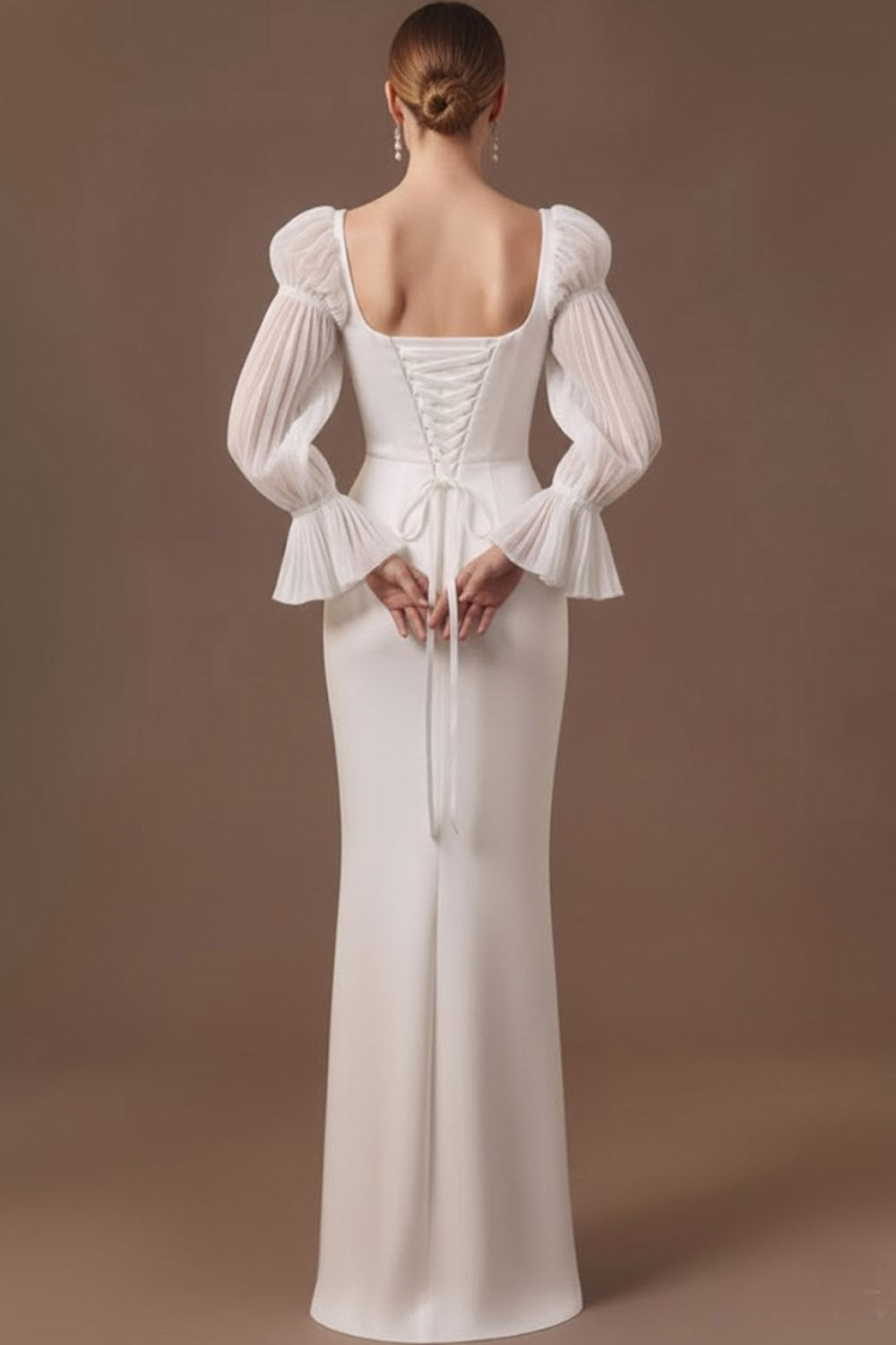 White Satin Square Neck Long Formal Dress with Sleeves