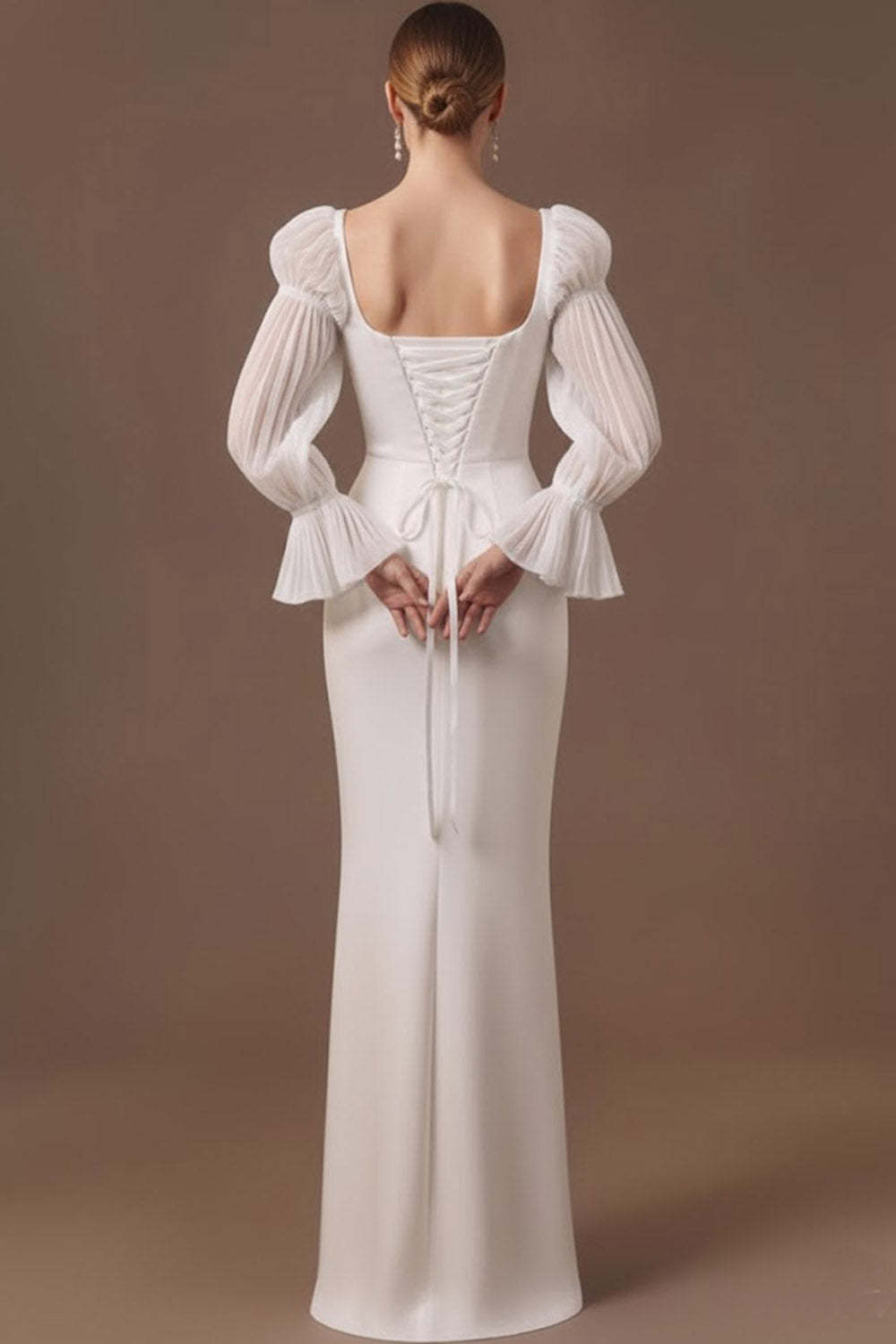 White Satin Square Neck Long Formal Dress with Sleeves