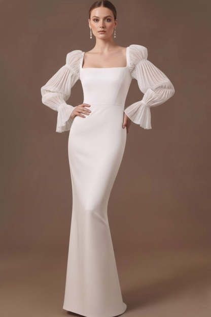 White Satin Square Neck Long Formal Dress with Sleeves
