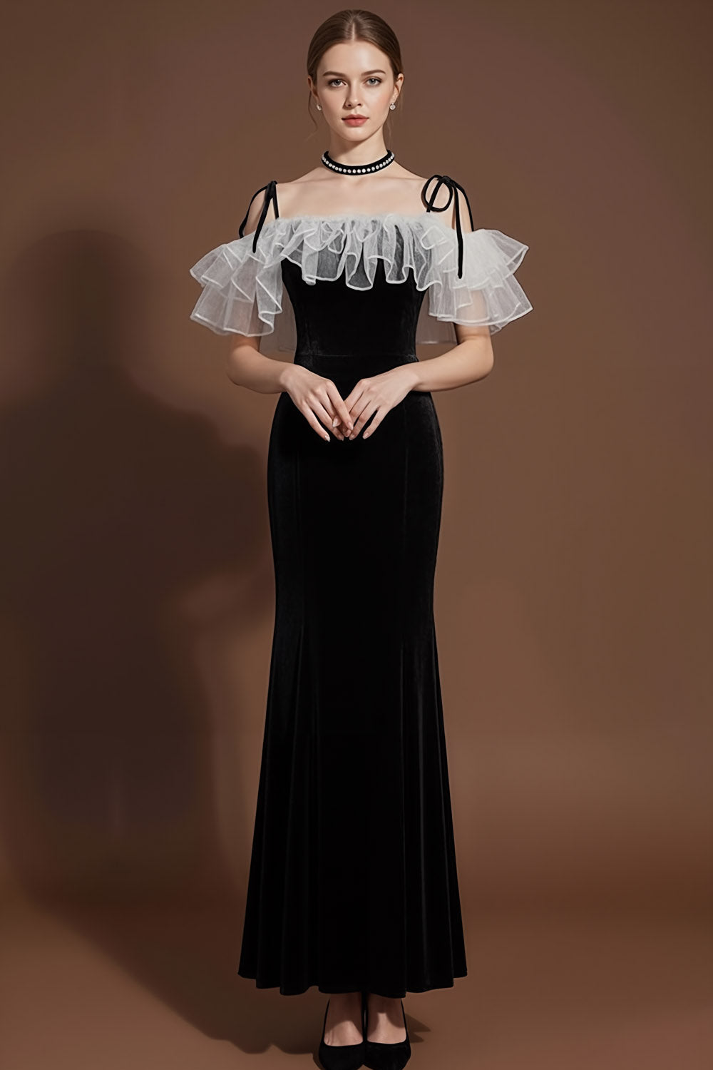 Black Ruffled Mermaid Cold Shoulder Long Formal Dress