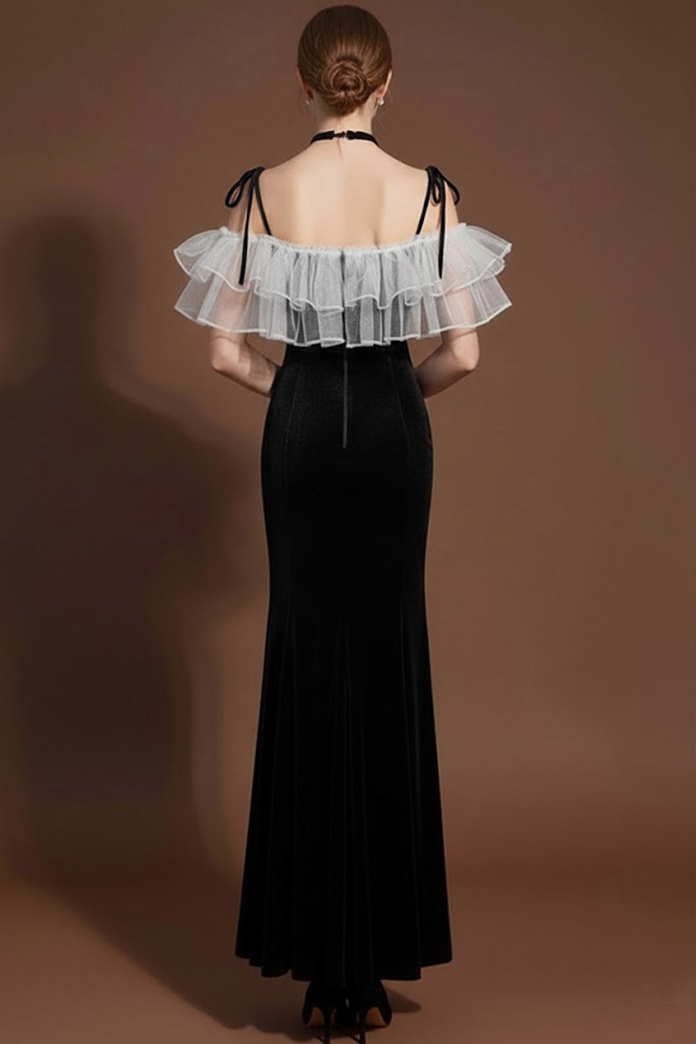 Black Ruffled Mermaid Cold Shoulder Long Formal Dress