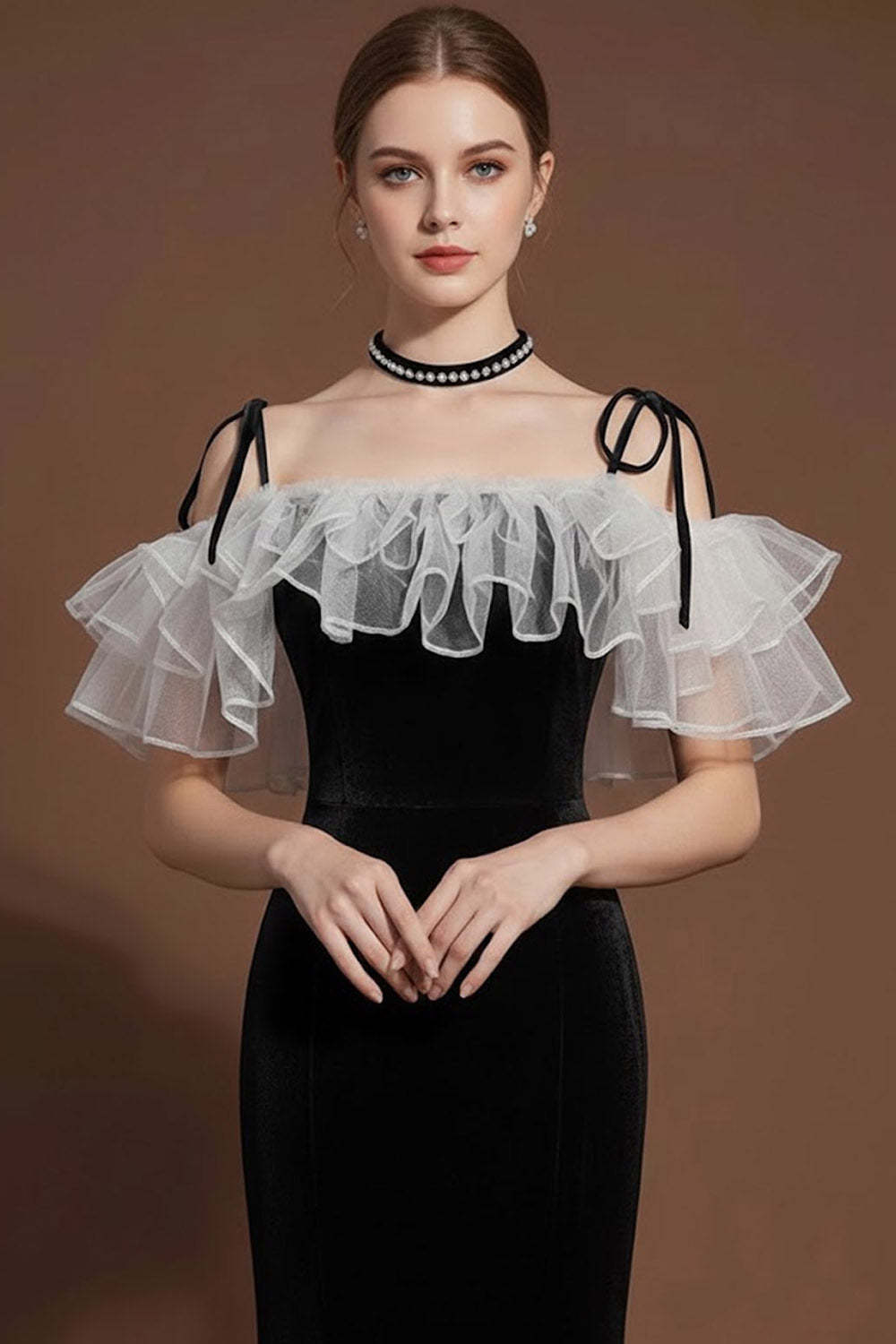 Black Ruffled Mermaid Cold Shoulder Long Formal Dress