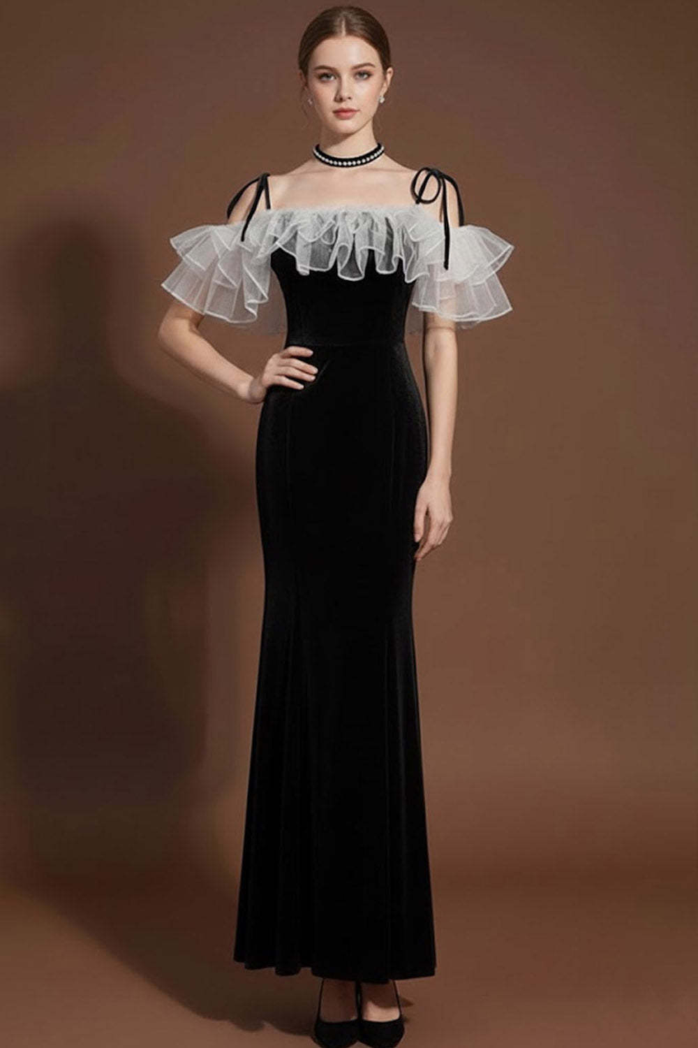 Black Ruffled Mermaid Cold Shoulder Long Formal Dress