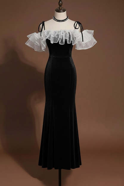 Black Ruffled Mermaid Cold Shoulder Long Formal Dress