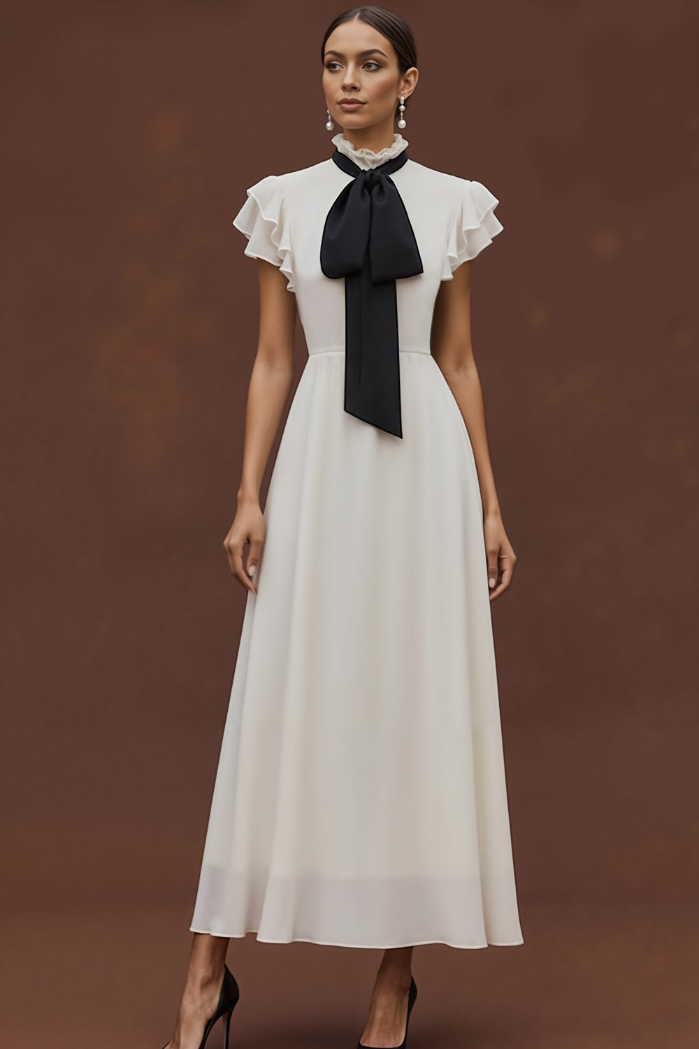 White High Neck Ruffled Chiffon A Line Long Formal Dress
