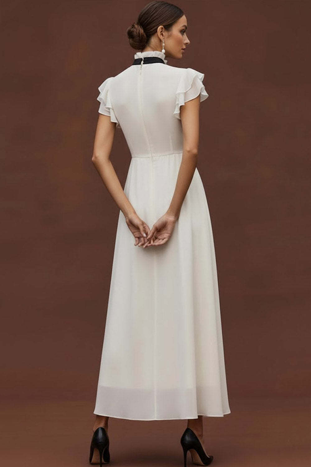 White High Neck Ruffled Chiffon A Line Long Formal Dress
