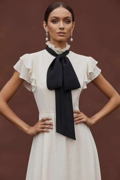 White High Neck Ruffled Chiffon A Line Long Formal Dress