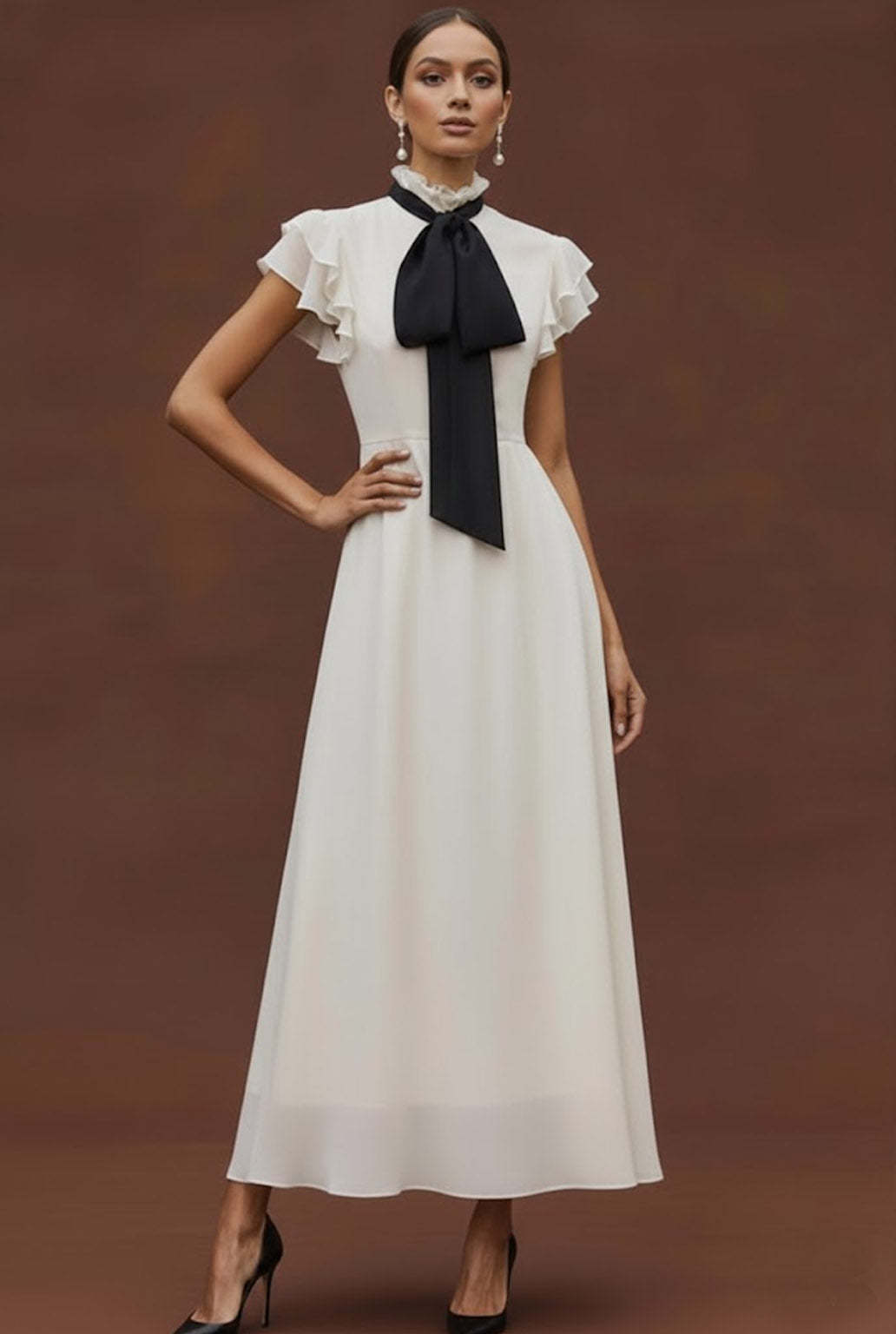 White High Neck Ruffled Chiffon A Line Long Formal Dress