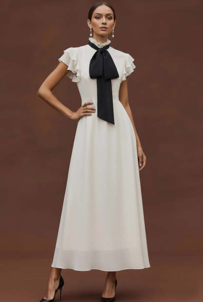 White High Neck Ruffled Chiffon A Line Long Formal Dress