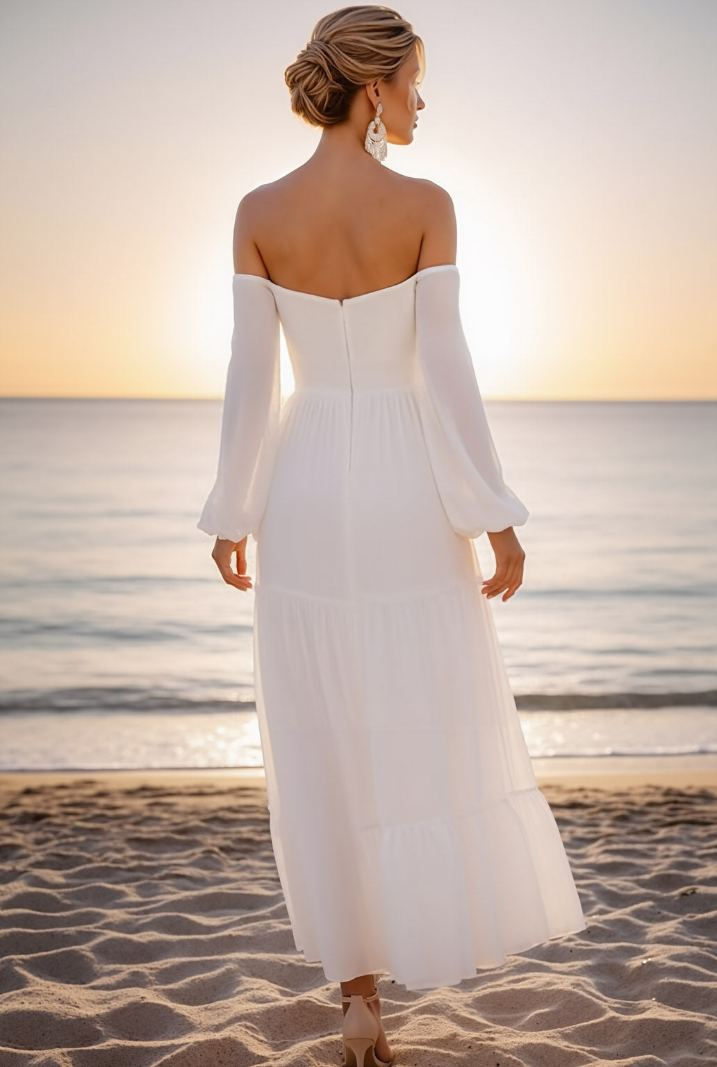 White Off the Shoulder Chiffon Long Beach Wedding Dress with Sleeves