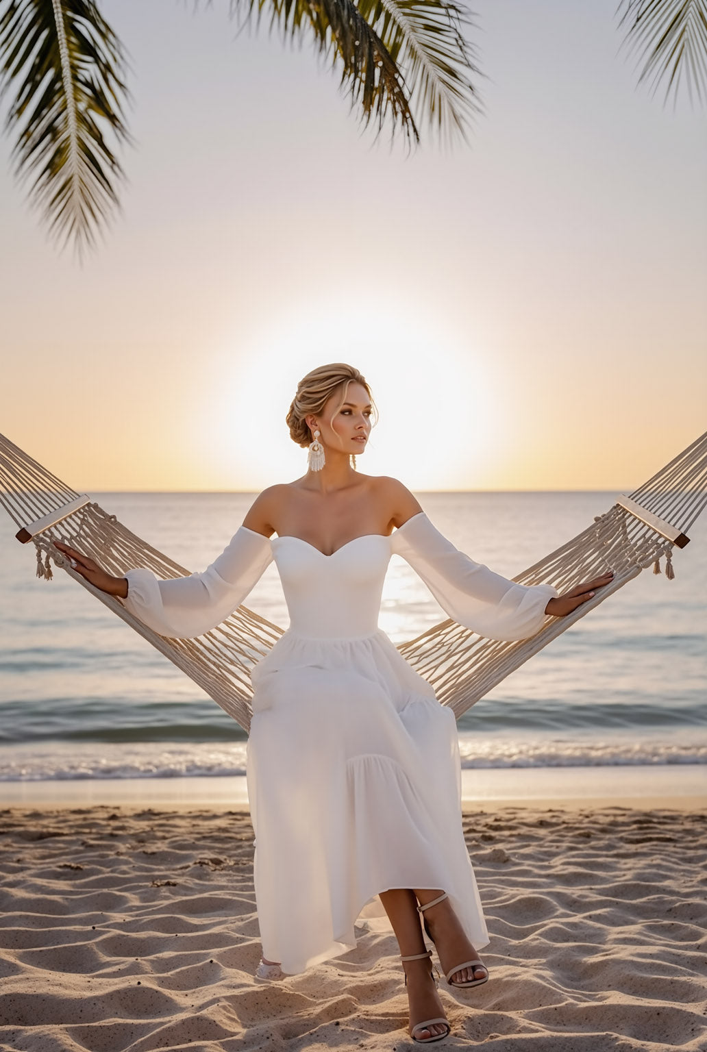 White Off the Shoulder Chiffon Long Beach Wedding Dress with Sleeves