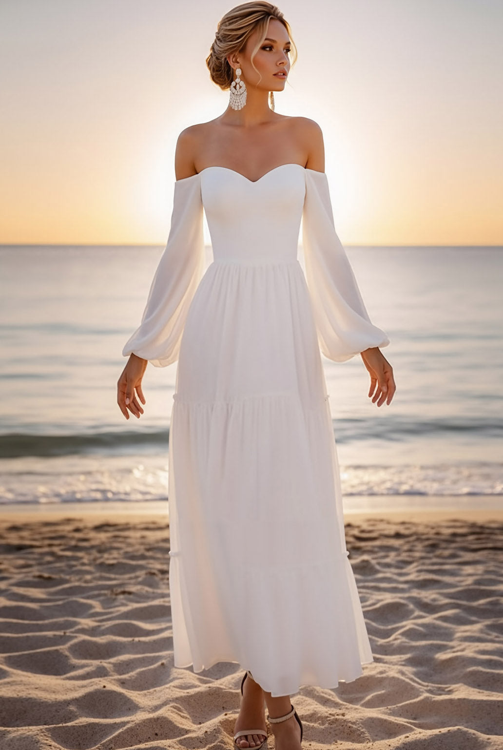 White Off the Shoulder Chiffon Long Beach Wedding Dress with Sleeves