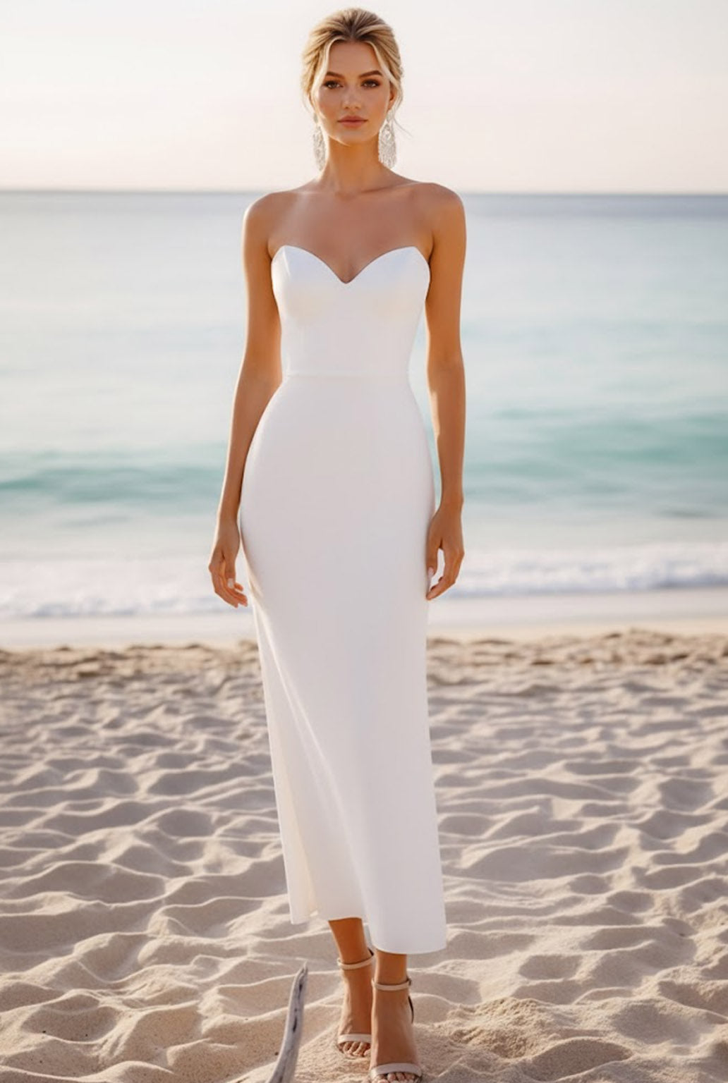 White Sweetheart Chiffon Sheath Long Beach Wedding Dress
