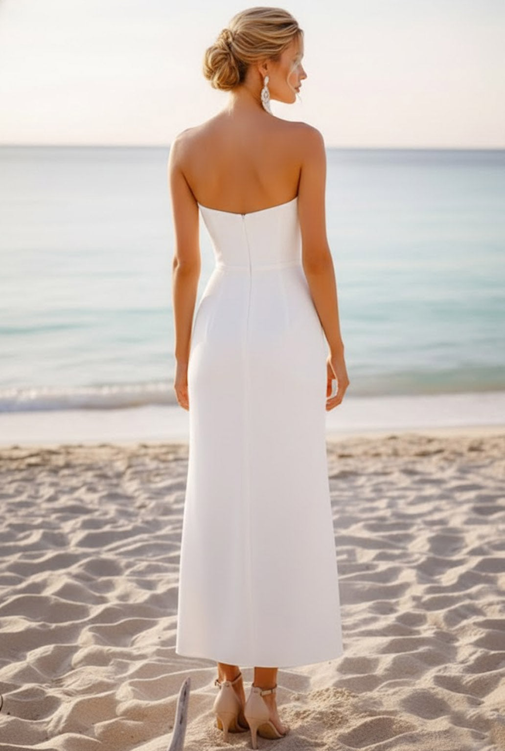 White Sweetheart Chiffon Sheath Long Beach Wedding Dress