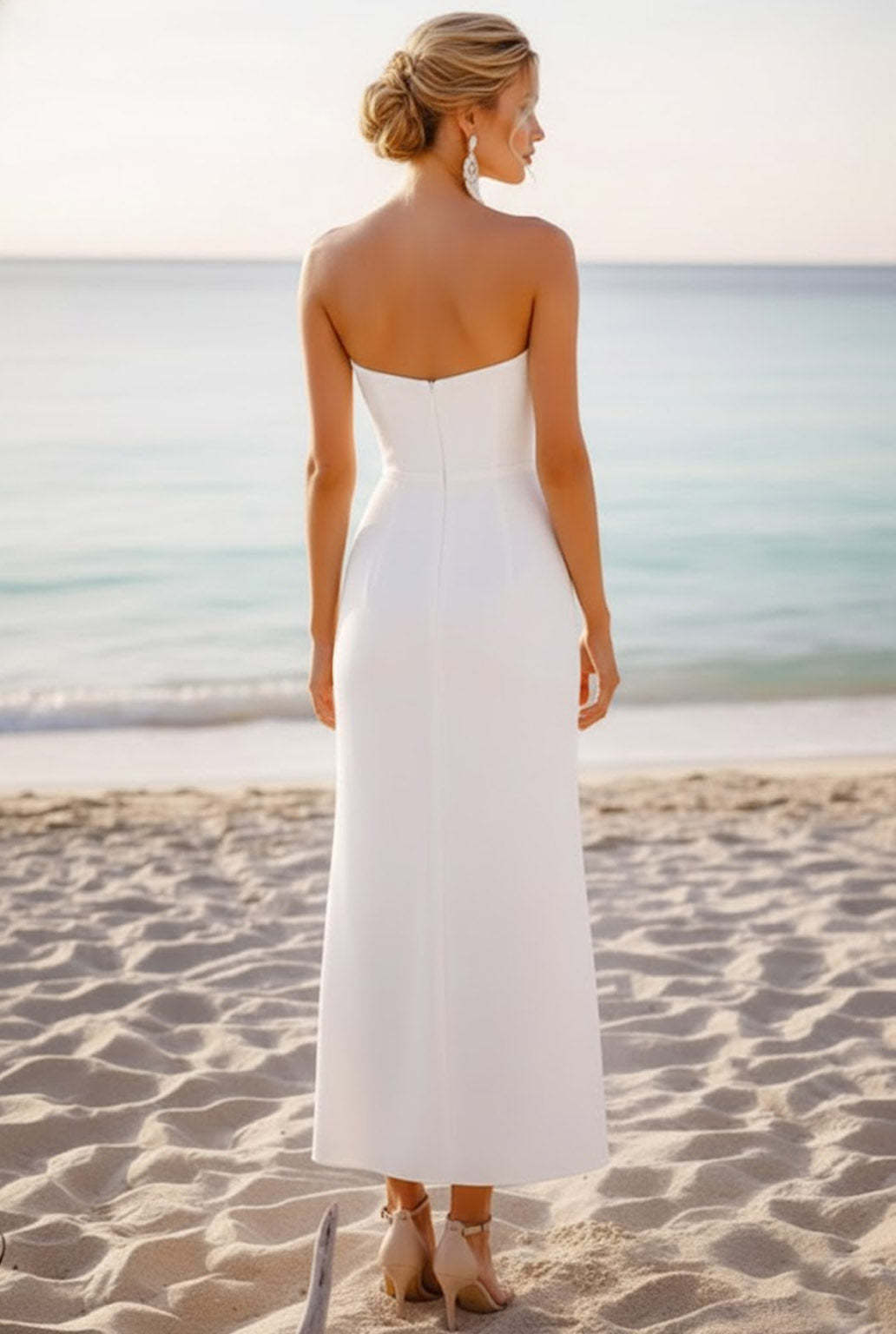 White Sweetheart Chiffon Sheath Long Beach Wedding Dress