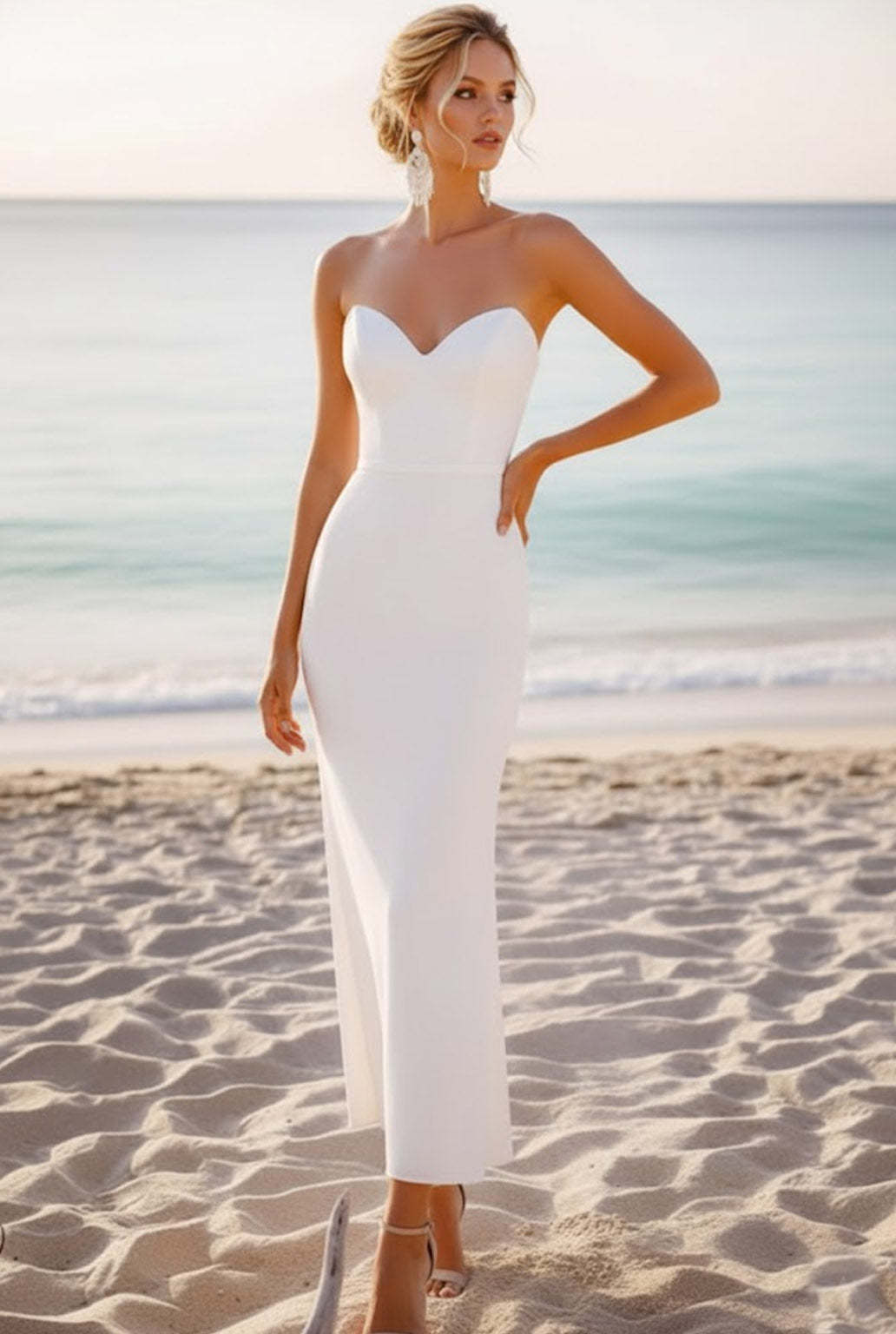 White Sweetheart Chiffon Sheath Long Beach Wedding Dress