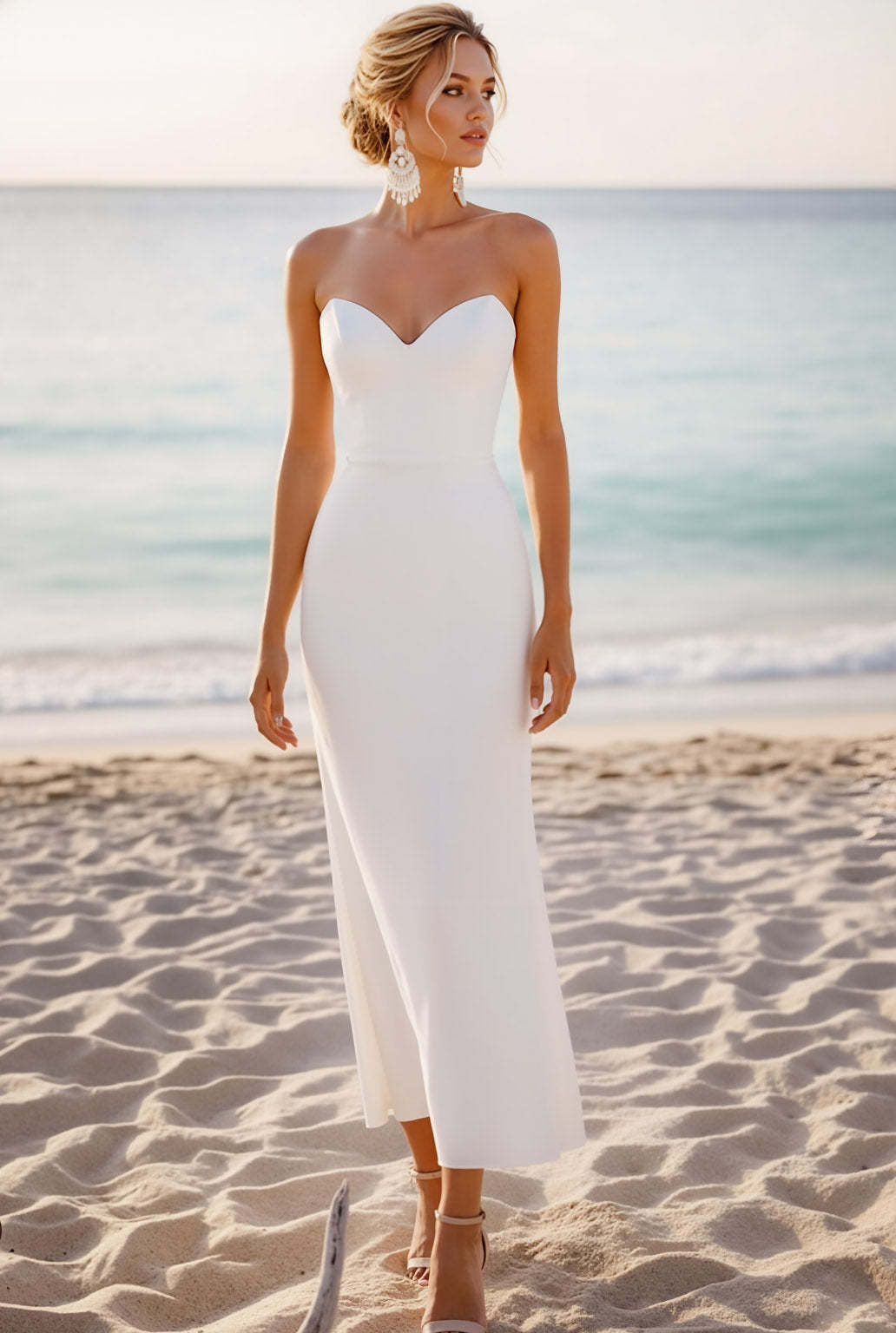White Sweetheart Chiffon Sheath Long Beach Wedding Dress