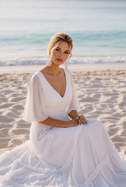 White V-Neck Chiffon Sheath Long Beach Wedding Dress with Ruffles