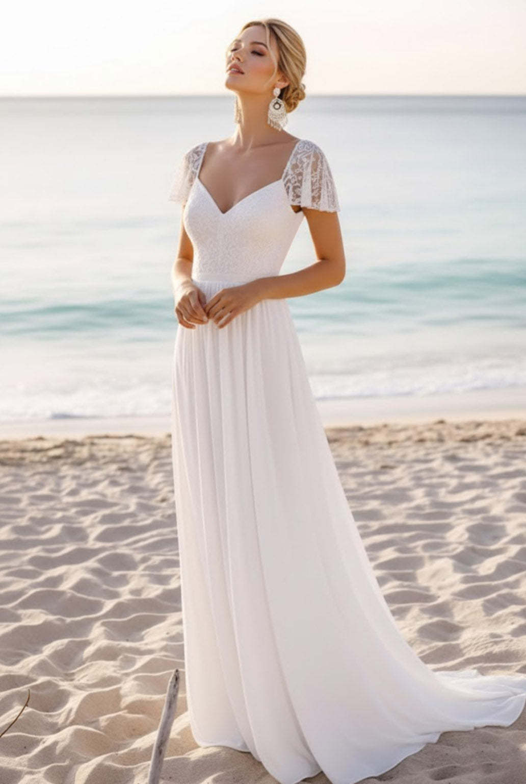 White Chiffon Sheath Long Beach Wedding Dress with Lace